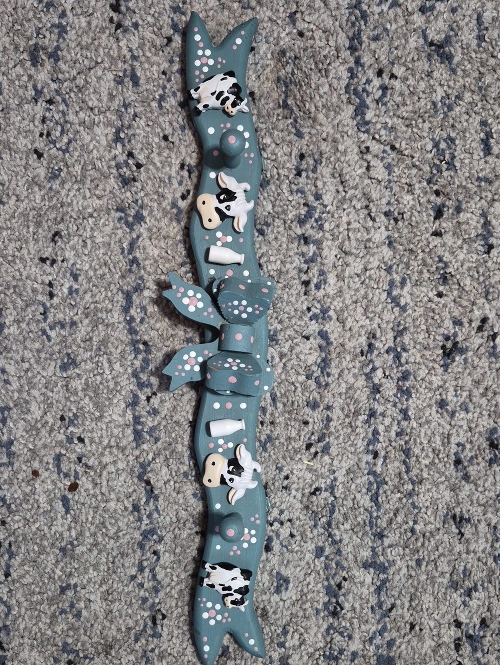 Primitive Teal Wall Hook Rack with Cow Accents